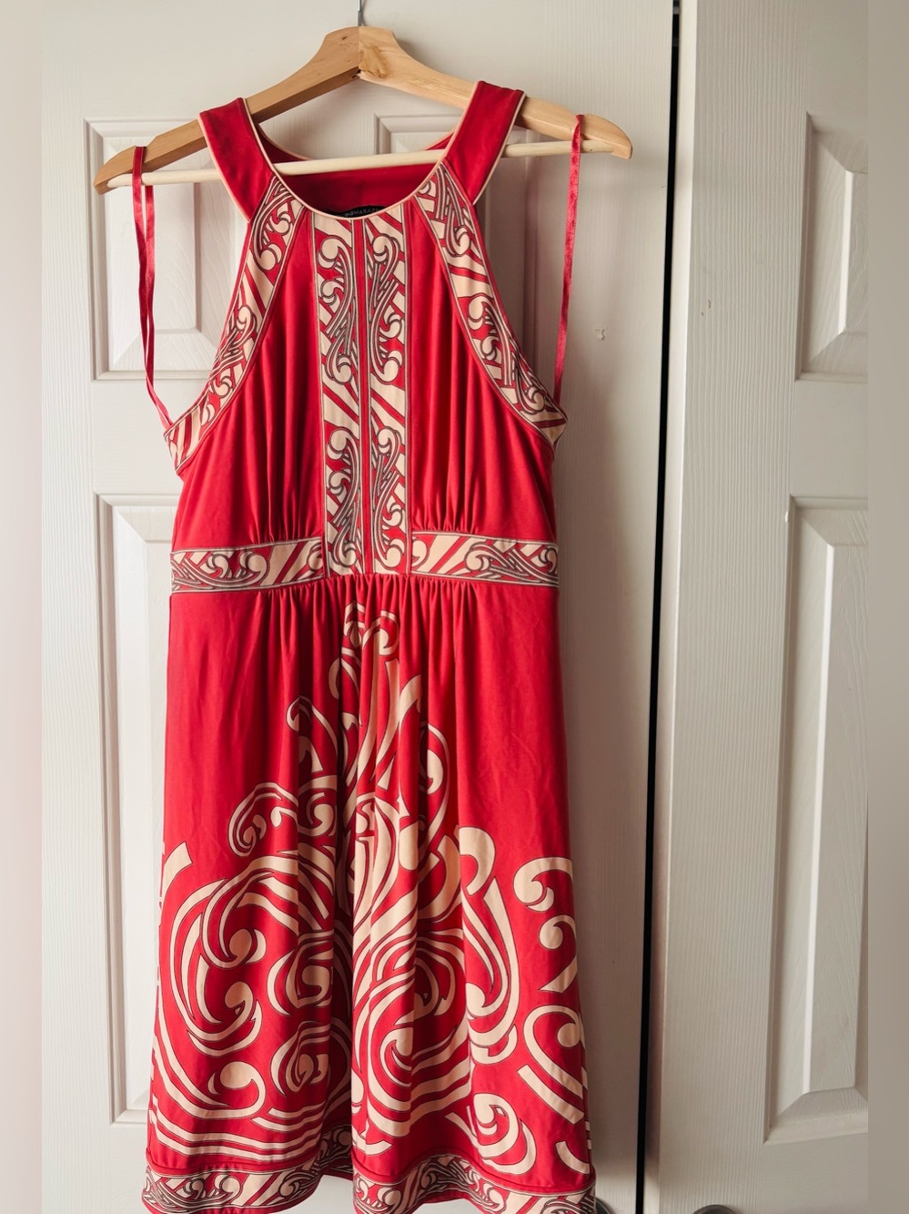 BCBGMaxAzria Red and Cream Patterned Midi Halter Dress